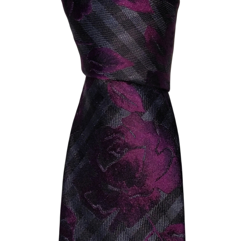 Dion Collection Silk Necktie Mens Black Gray Plaid Purple Rose Designer Tie EUC